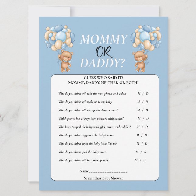 Baby Shower Teddy  boy Mommy or Daddy  Invitation (Front)