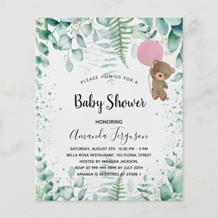 Baby Shower teddy eucalyptus budget invitation Flyer Zazzle