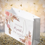 Baby Shower teddy floral pampas grass blush rose Large Gift Bag<br><div class="desc">For a boho,  bohemian style Baby Shower. A white background. Decorated with rose gold,  blush pink florals,  pampas grass and a teddy bear.  Personalize and add a date,  name.</div>