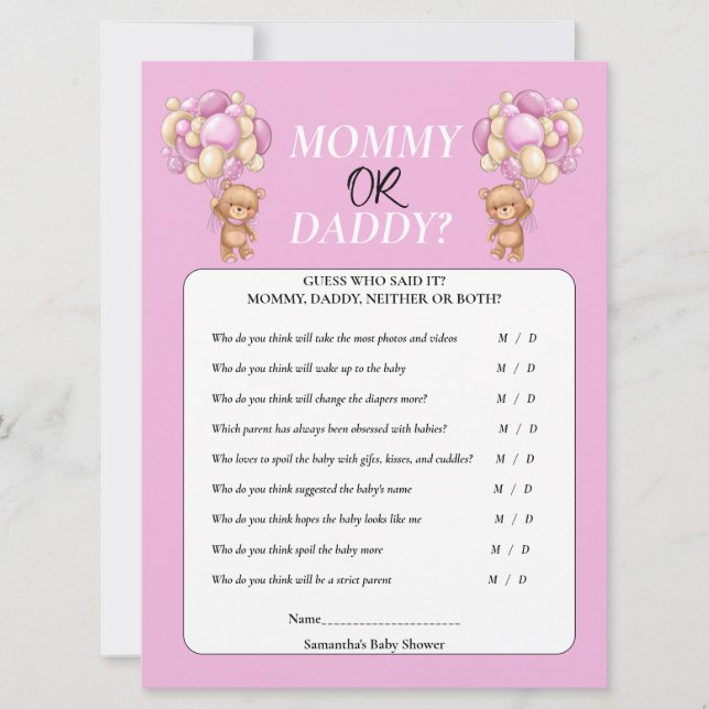 Baby Shower Teddy  Girl Mommy or Daddy  Invitation (Front)