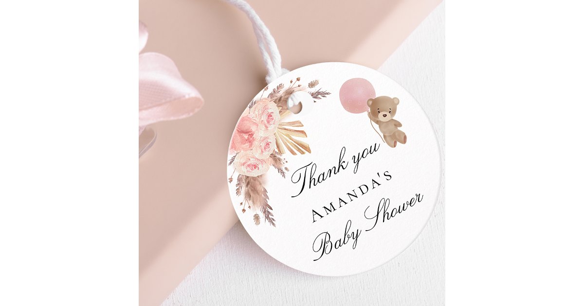 Baby Shower teddy girl pampas grass thank you Favor Tags | Zazzle