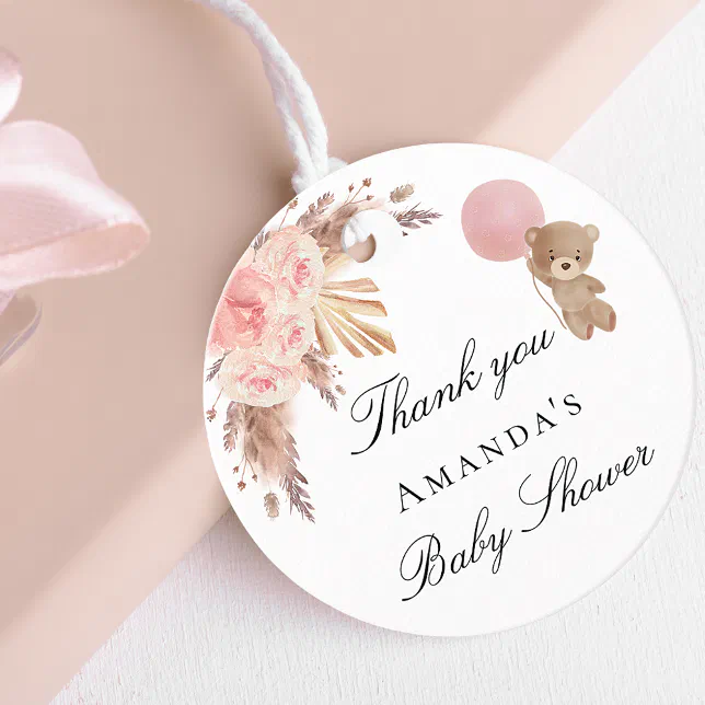 Baby Shower teddy girl pampas grass thank you Favor Tags | Zazzle
