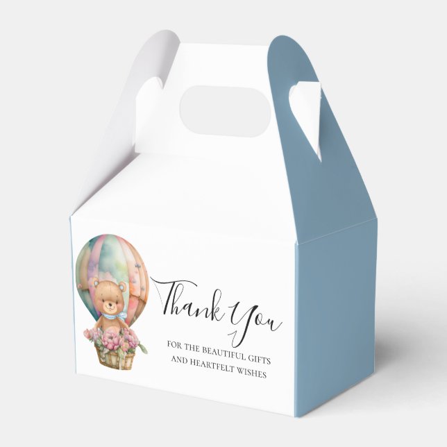 BABY SHOWER Teddy Hot Air Balloon Blue Favor Boxes (Front Side)