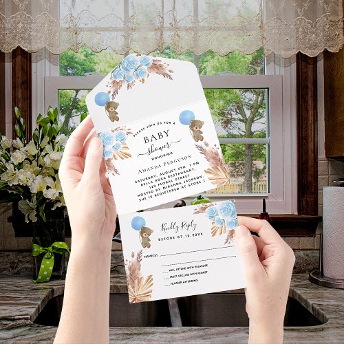 Baby Shower teddy pampas blue boy floral RSVP All In One Invitation