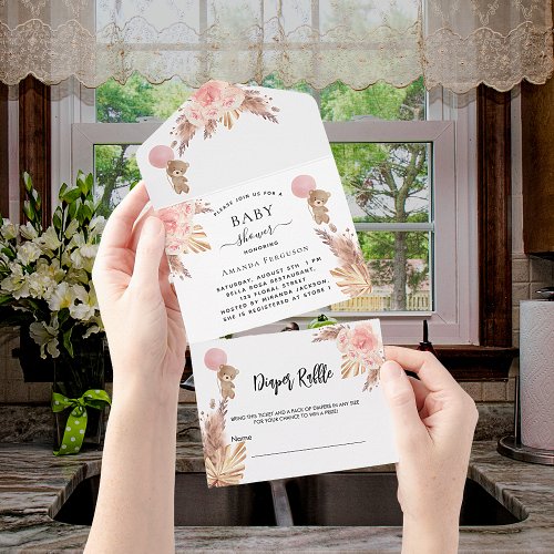 Baby Shower teddy pampas flowers diaper raffle All In One Invitation