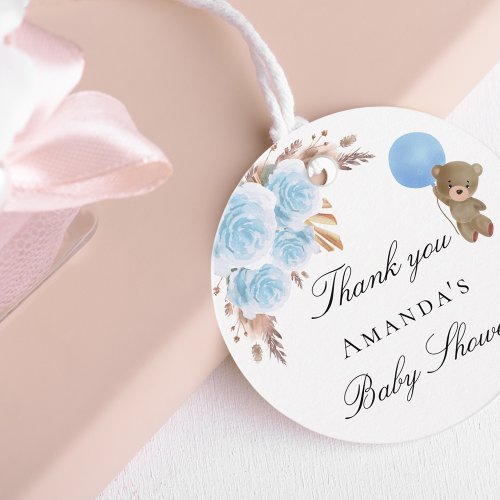 Baby Shower teddy pampas grass blue thank you Favor Tags