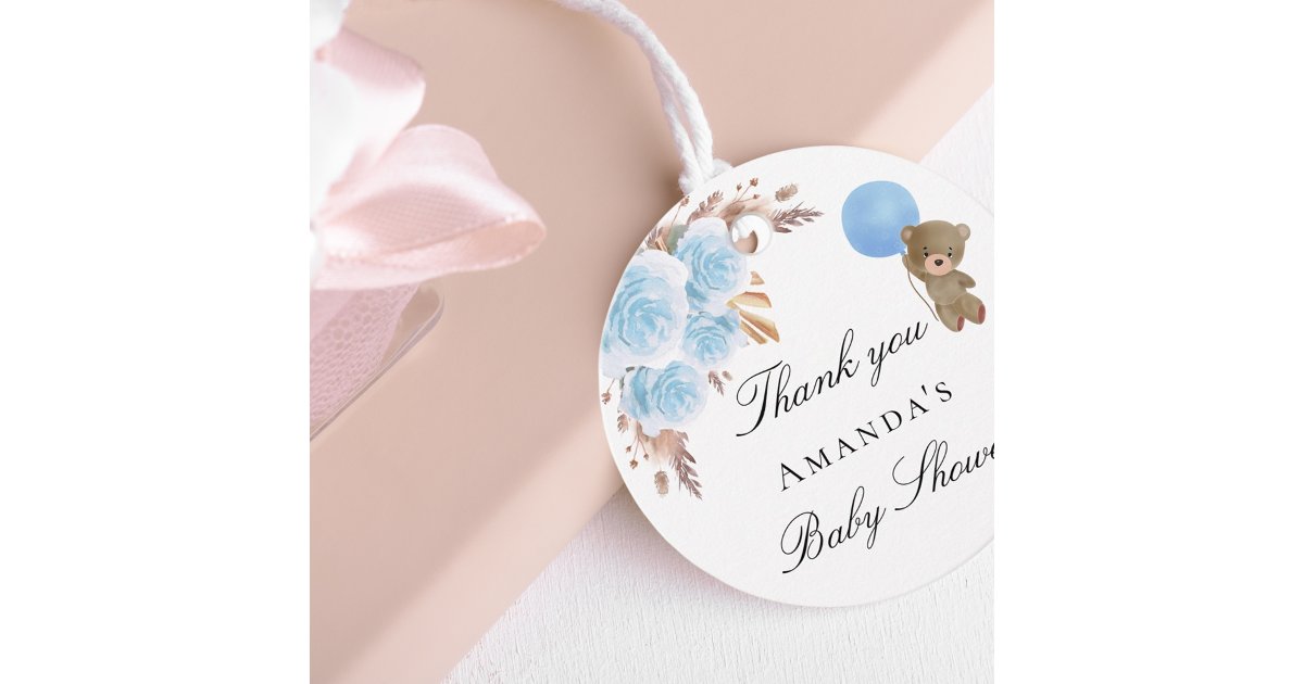 Baby Shower teddy pampas grass blue thank you Favor Tags | Zazzle