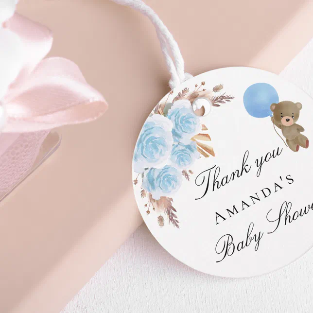 Baby Shower teddy pampas grass blue thank you Favor Tags | Zazzle