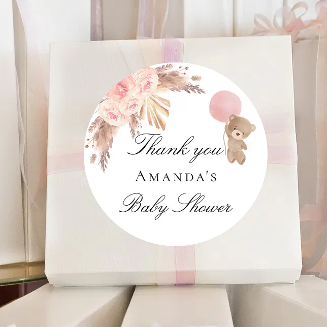 Baby Shower teddy pampas grass blush thank you Classic Round Sticker ...