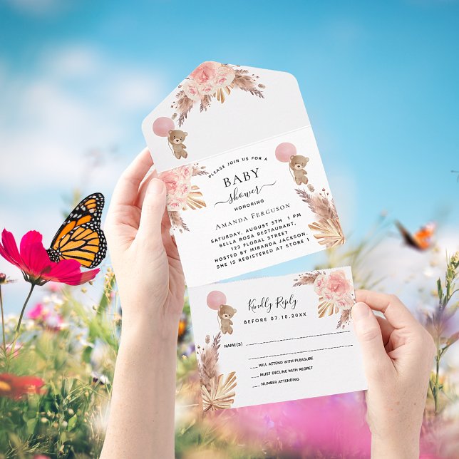 Baby Shower teddy pampas pink floral white RSVP All In One Invitation (Creator Uploaded)