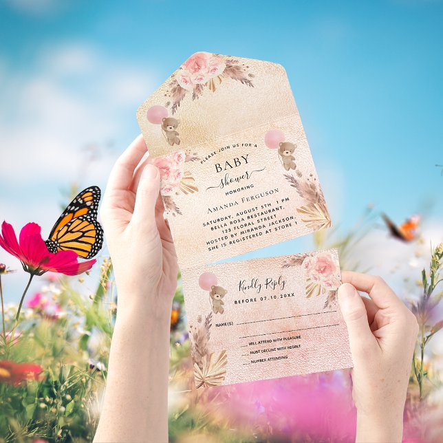 Baby Shower teddy pampas rose gold florals RSVP All In One Invitation (Creator Uploaded)