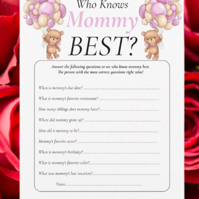 Baby Shower Teddy Who Knows Mommy Pink Invitation (Celebrate your baby shower with adorable  teddy bear decor and fun Mommy or Daddy games. )