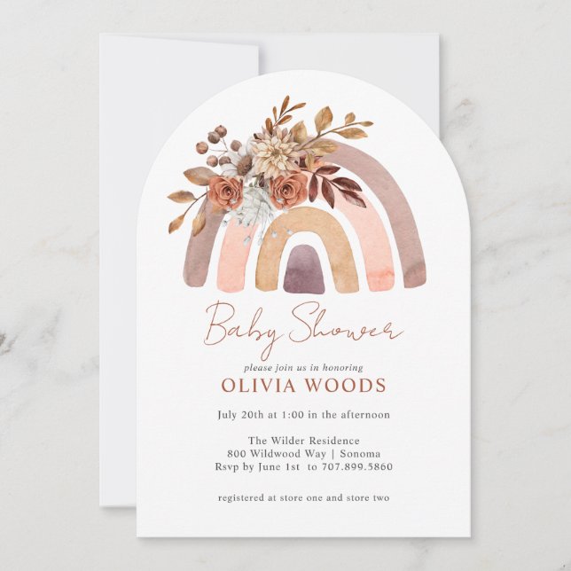 Baby Shower Terracotta Boho Watercolor Rainbow  Invitation (Front)