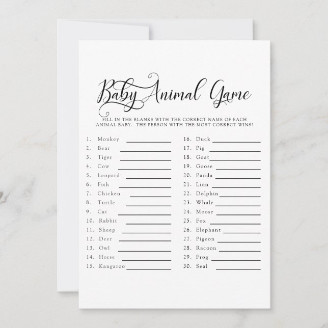 Baby Shower Text Only Baby Animal Game Invitation (Front)
