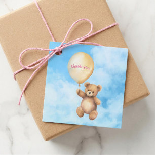 Baby shower thank cute teddy bear pink in blue sky favor tags