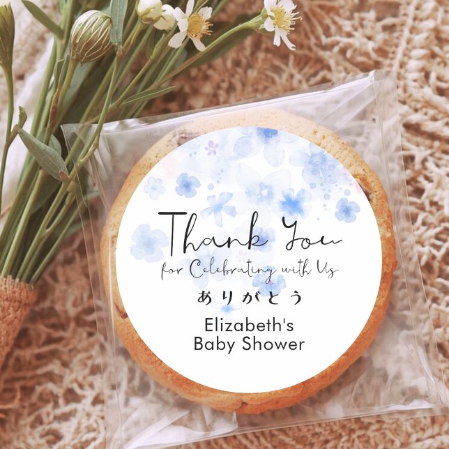 Baby Shower Thank You Blue Floral Cute Script Classic Round Sticker (Creator Uploaded)