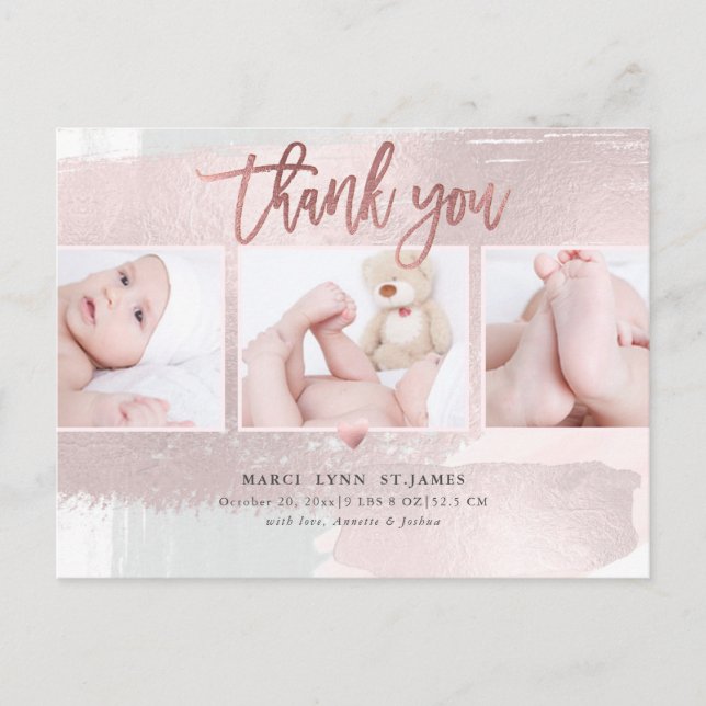 Baby Shower Thank You Blush Pink Brush Stroke Postcard (Front)