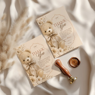 Baby Shower Thank You Card Beige Neutral Teddy Bea