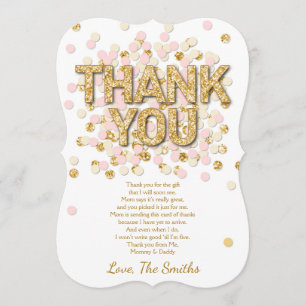 Baby Shower Thank You Card Confetti Gold pink girl