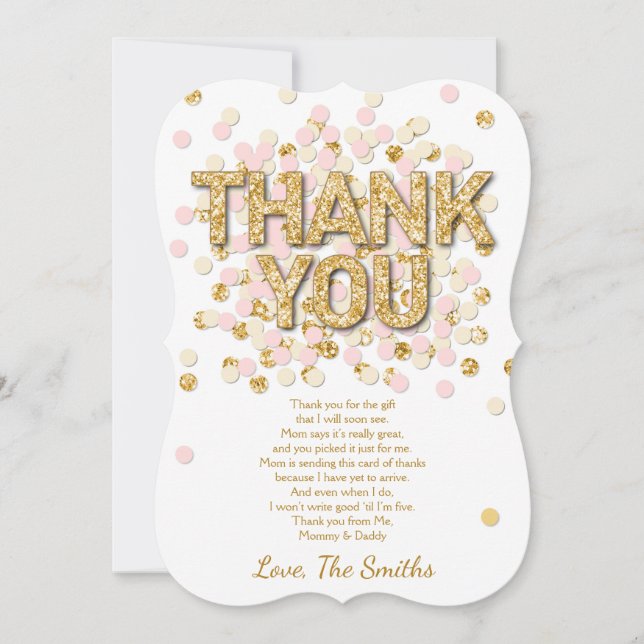 Baby Shower Thank You Card Confetti Gold pink girl (Front)