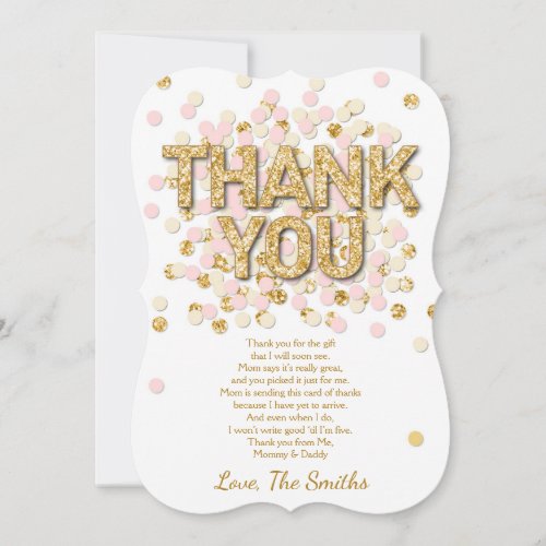 Baby Shower Thank You Card Confetti Gold pink girl