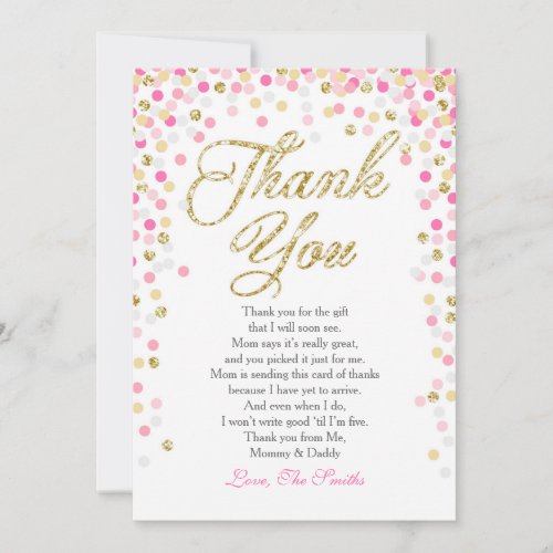 Baby Shower Thank You Card Confetti Gold pink girl