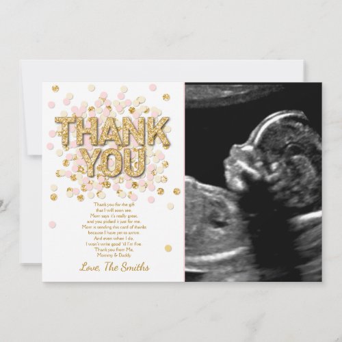 Baby Shower Thank You Card Confetti Gold pink girl