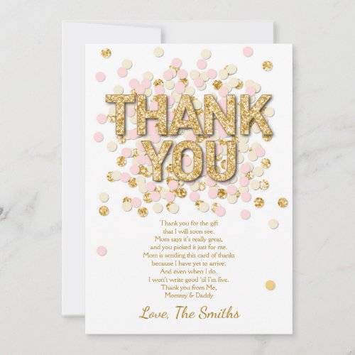 Baby Shower Thank You Card Confetti Gold pink girl