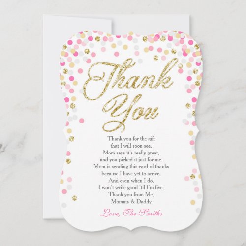 Baby Shower Thank You Card Confetti Gold pink girl