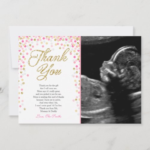 Baby Shower Thank You Card Confetti Gold pink girl