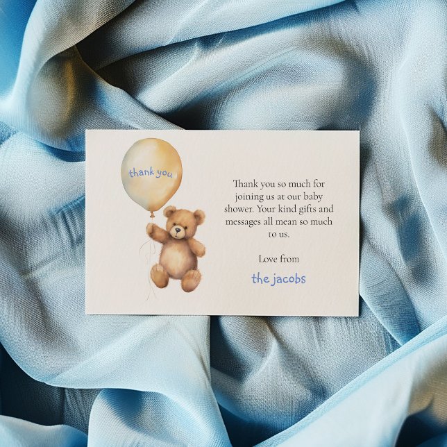 Baby shower thank you card. Cute teddy bear Card (Teddy bear baby shower thank you card with gold balloon and blue script.)