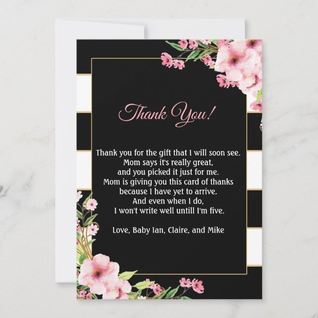 Baby Shower Thank You Card Note Pink Flowers Black (Front)