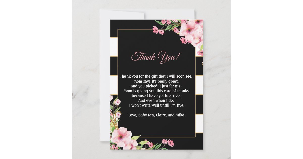 Baby Shower Thank You Card Note Pink Flowers Black Zazzle