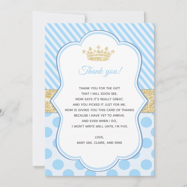 Baby Shower Thank You Card Note Prince Blue Gold (Front)