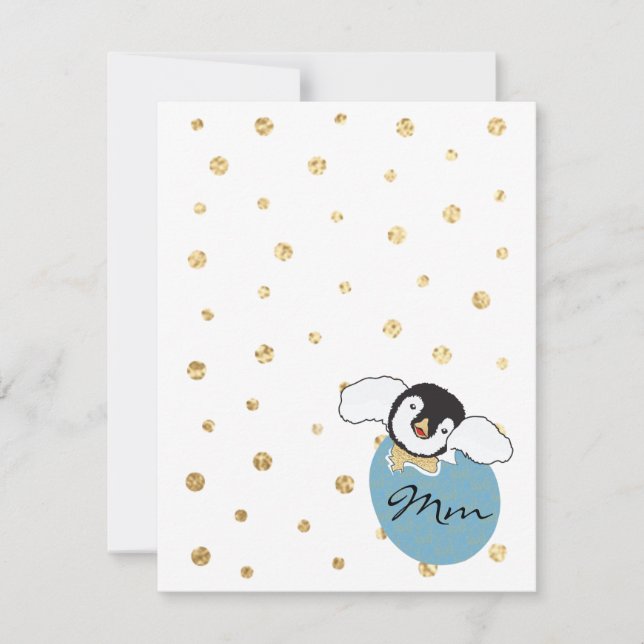 Baby Shower Thank You Card, "Penguin Blue/Gold" Card (Front)