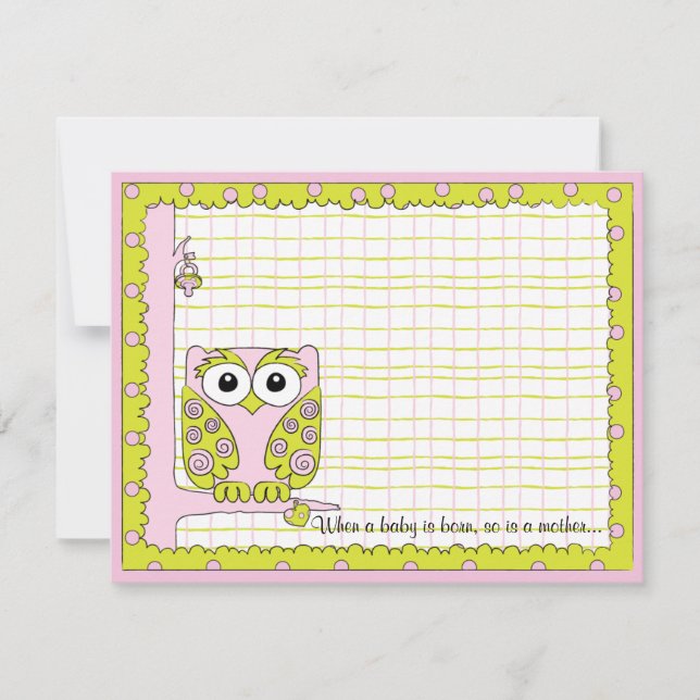 Baby Shower Thank You Card, Pink/Green Owl Card (Front)