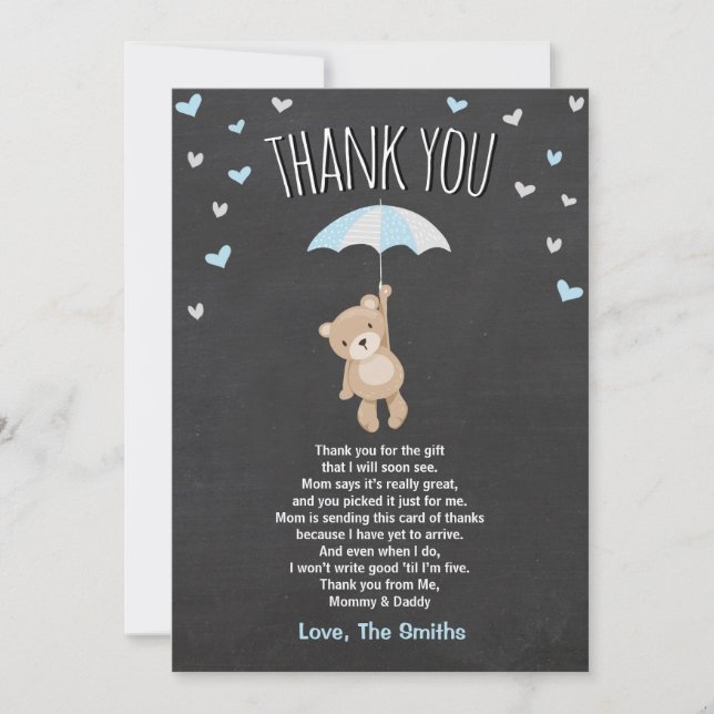 Baby Shower Thank You Card Teddy Bear blue Cub Boy (Front)