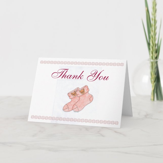Baby Shower Thank You Card w/ Cute Booties (Pink) (Front)