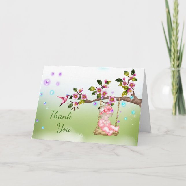 Baby Shower Thank You Card with Baby in swing (Front)