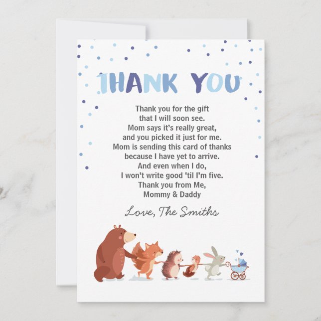 Baby Shower Thank You Card Woodland Boy Blue (Front)
