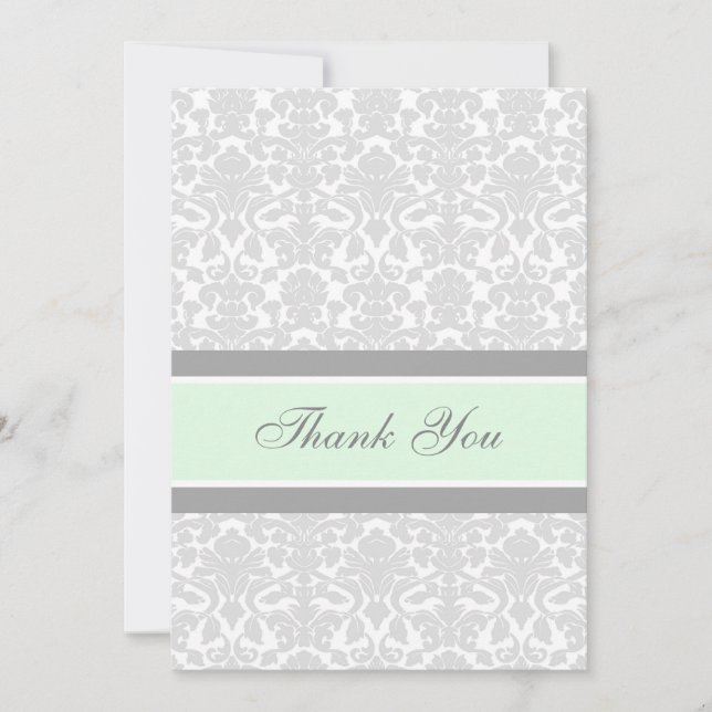 Baby Shower Thank You Cards Mint Gray Damask (Front)