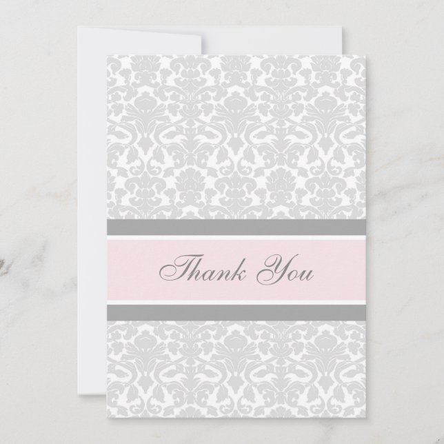 Baby Shower Thank You Cards Pink Gray Damask (Front)
