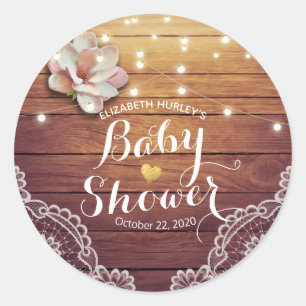 Baby Shower Thank You Chic Floral Lights Wood Lace Classic Round Sticker
