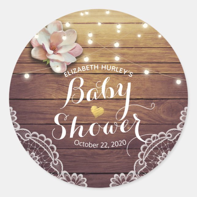 Baby Shower Thank You Chic Floral Lights Wood Lace Classic Round Sticker (Front)