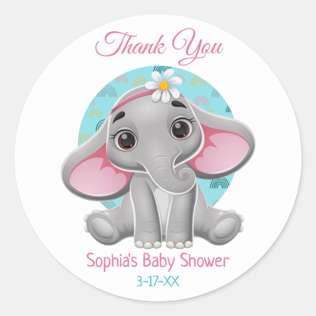 Baby Shower Thank You Cute Elephant DIY Name, Info Classic Round Sticker (Front)