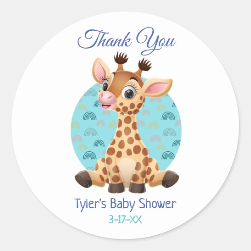 Baby Shower Thank You Cute Giraffe DIY Name Info Classic Round Sticker