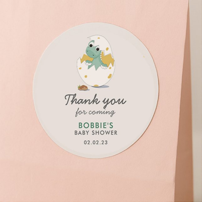 Baby Shower Thank You Cute Green Yellow Dino Classic Round Sticker (Creator Uploaded)