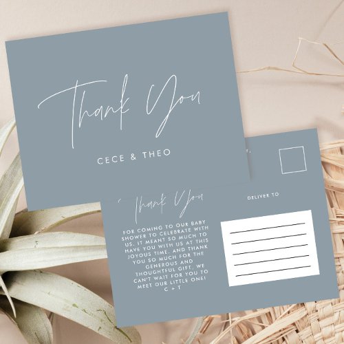 Baby shower thank you dusty blue elegant modern postcard