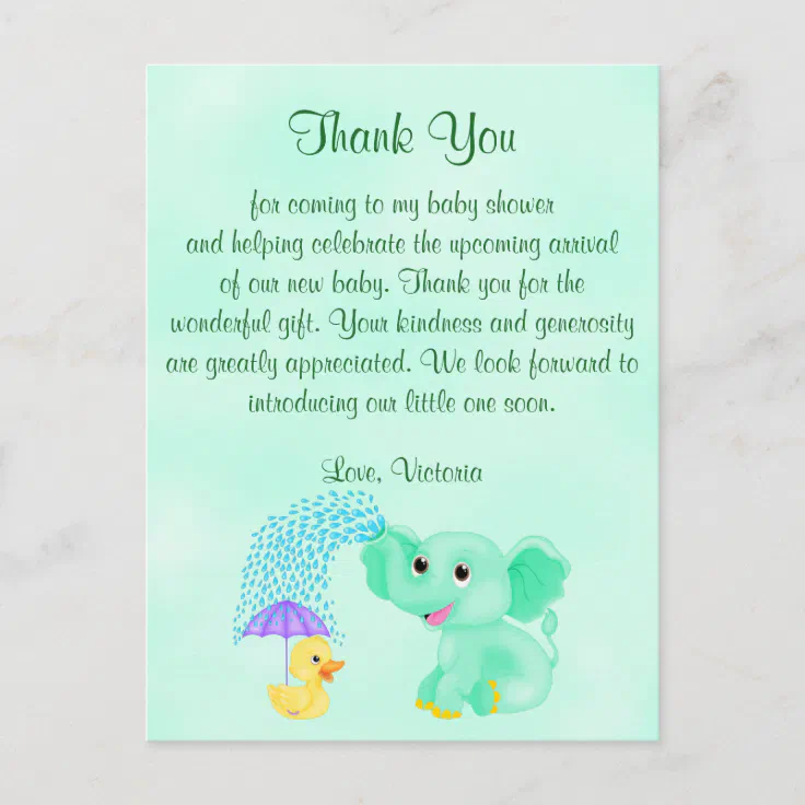 Baby Shower Thank You Gender Neutral Elephant Postcard Zazzle