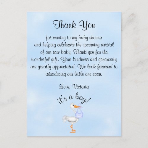 Baby Shower Thank You Its a Boy  Baby Boy Stork Postcard